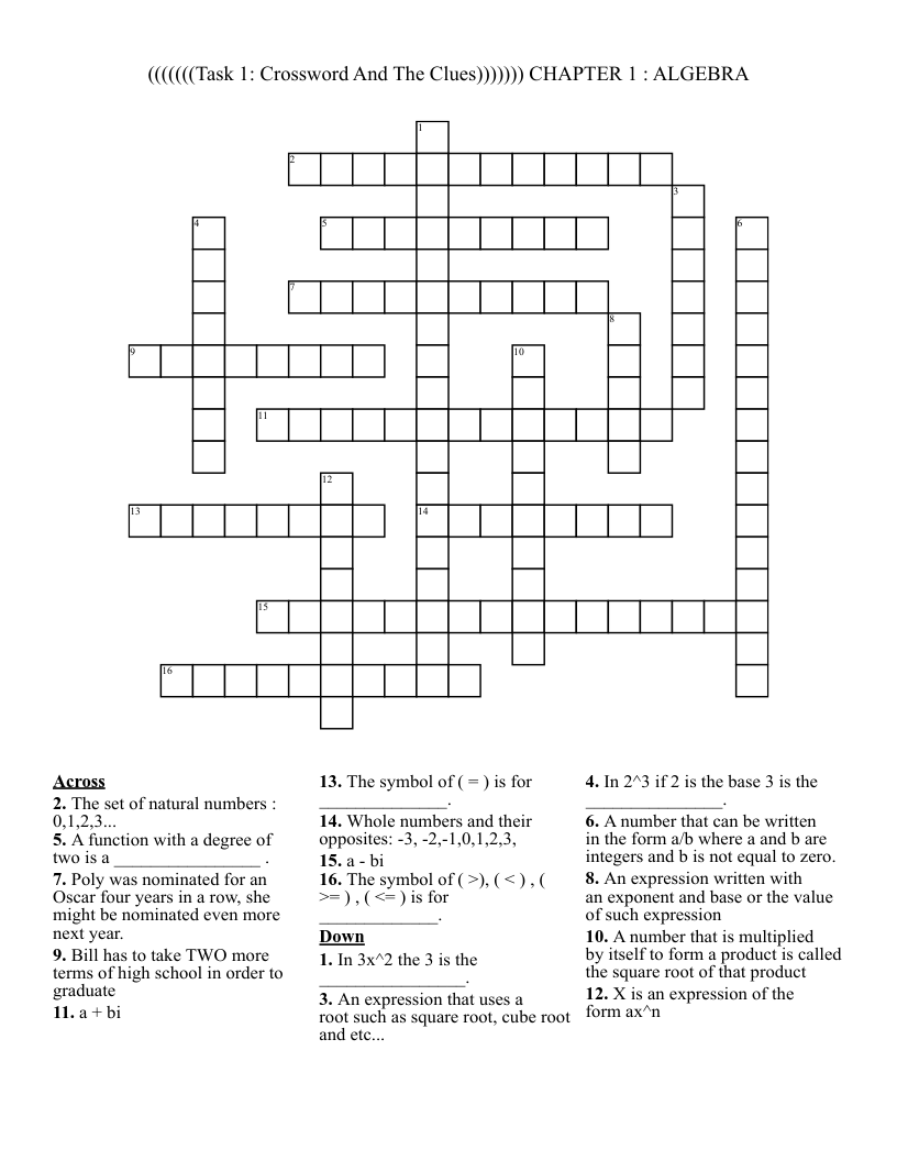                   (((((((Task 1: Crossword And The Clues)))))))    CHAPTER 1 : ALGEBRA