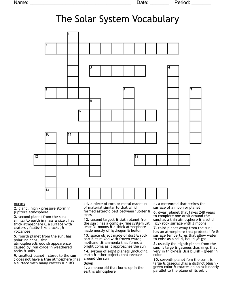                    The Solar System Vocabulary    Crossword