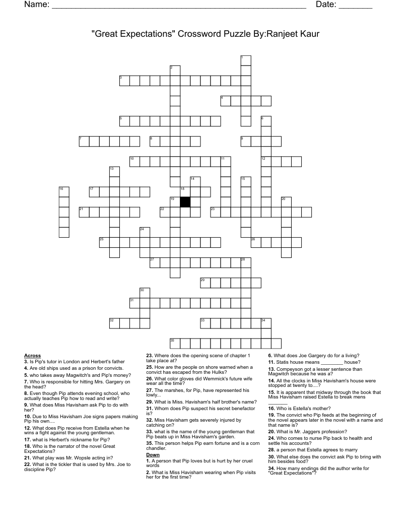                                    "Great Expectations"  Crossword  Puzzle   By:Ranjeet Kaur