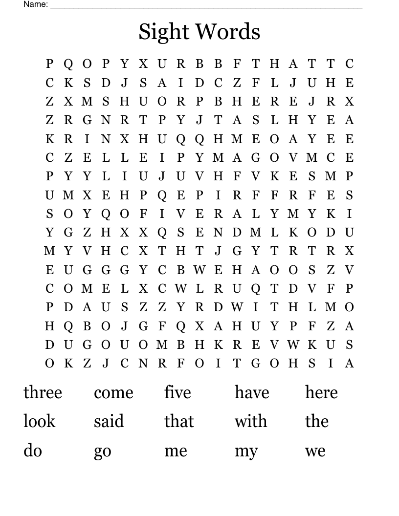                                     Sight Words Word Search