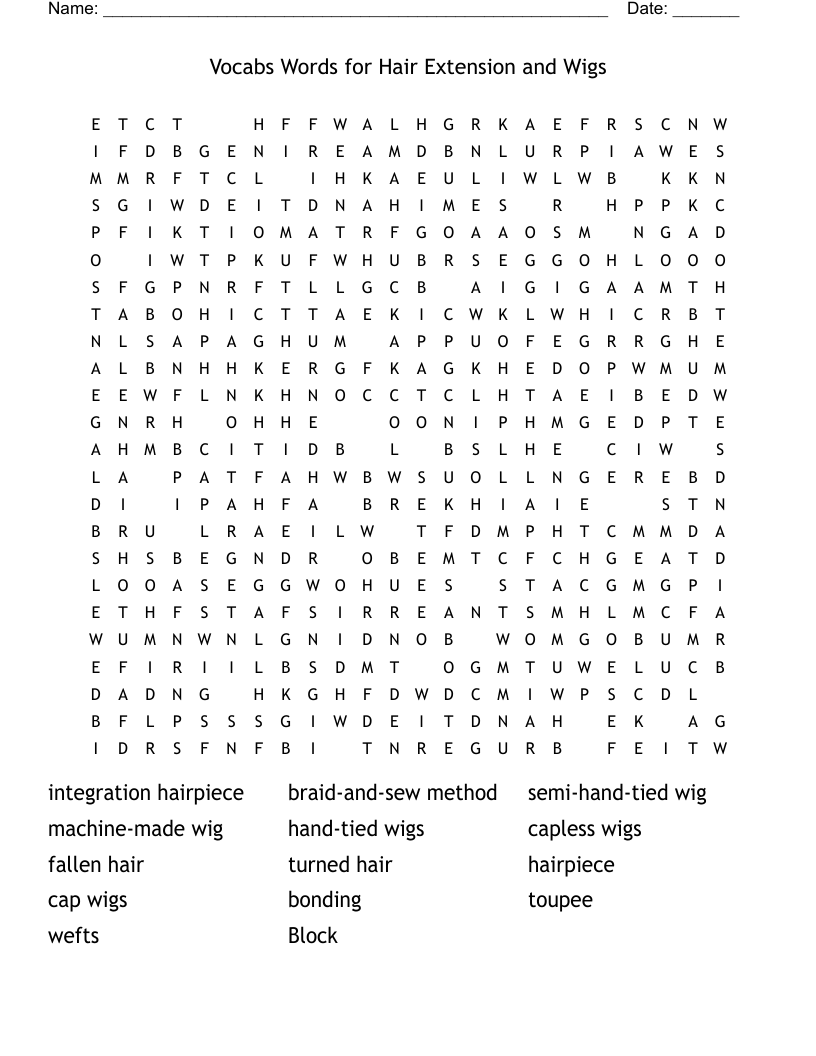                                        Vocabs Words for Hair Extension and Wigs Word Search