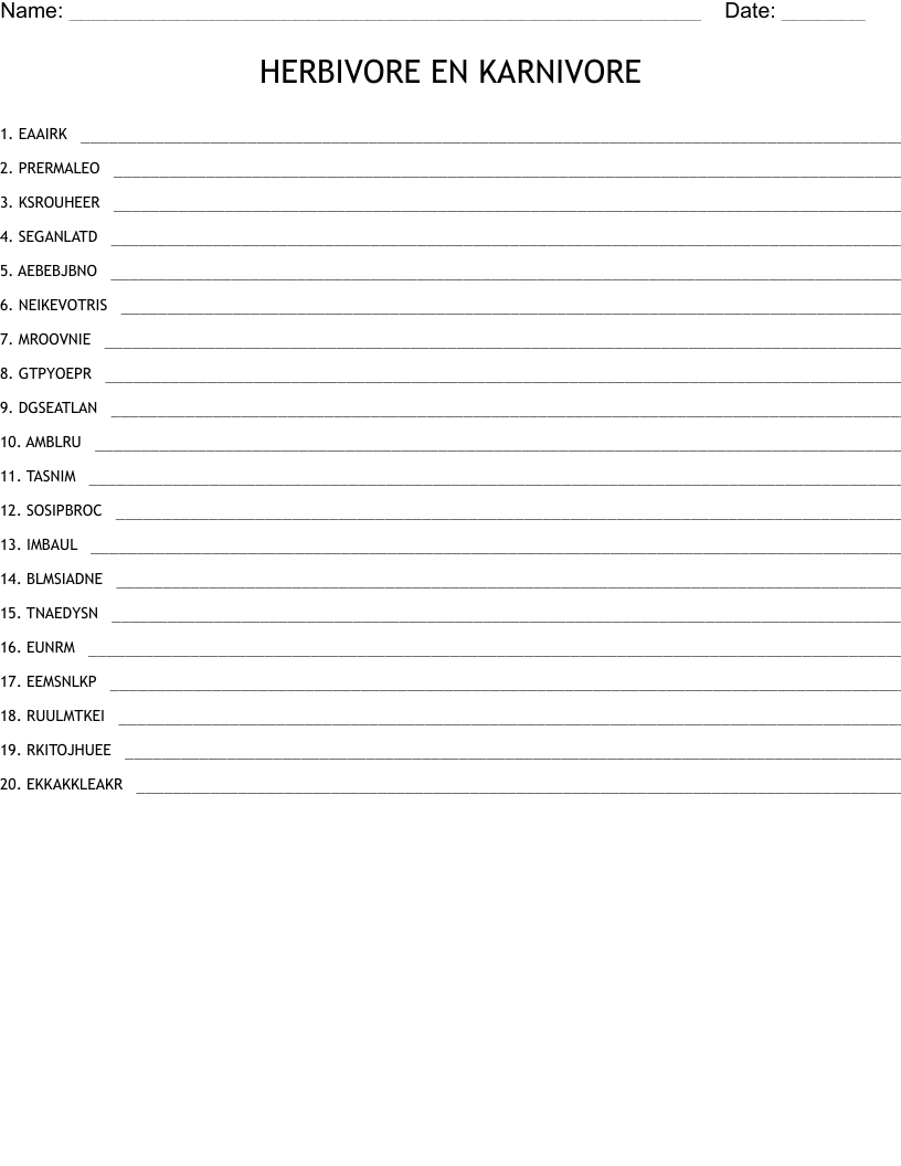                                             HERBIVORE EN KARNIVORE Word Scramble