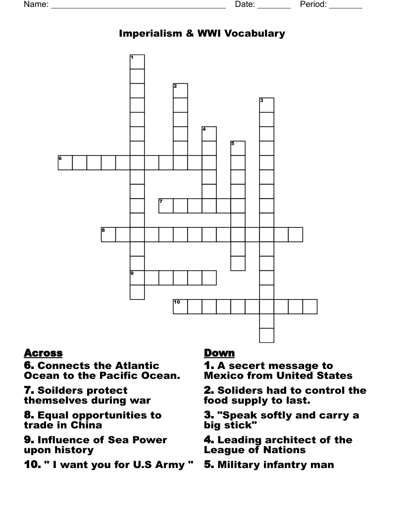                                               Imperialism & WWI Vocabulary  Crossword