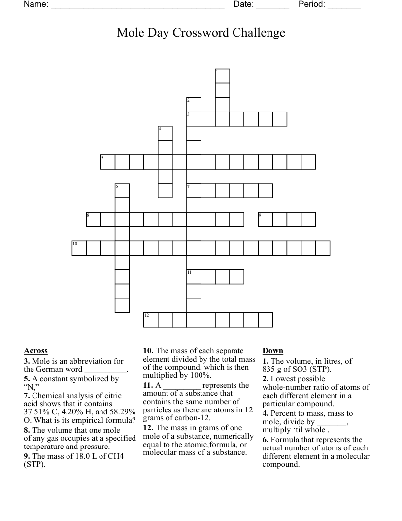                                               Mole Day Crossword Challenge