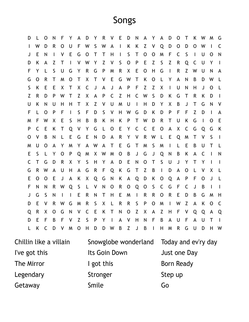                                                                Songs Word Search