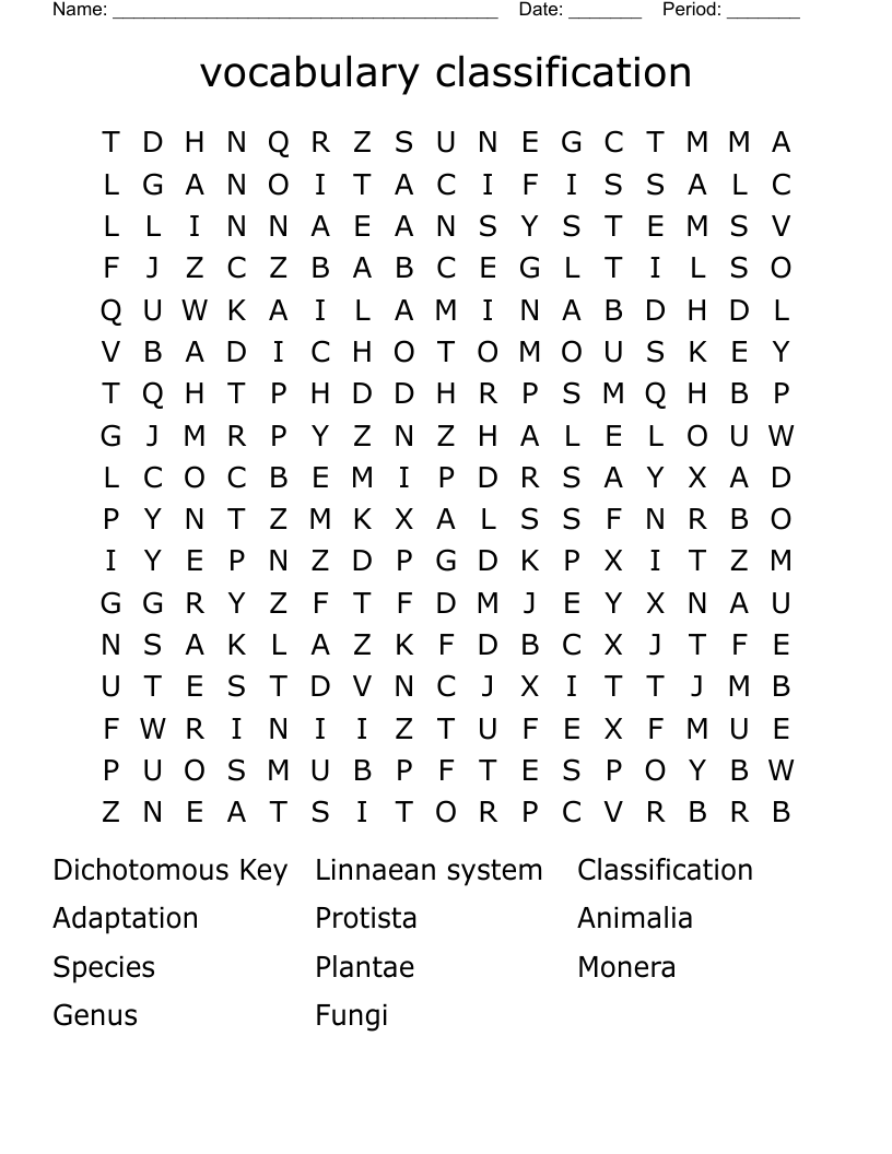                vocabulary classification Word Search