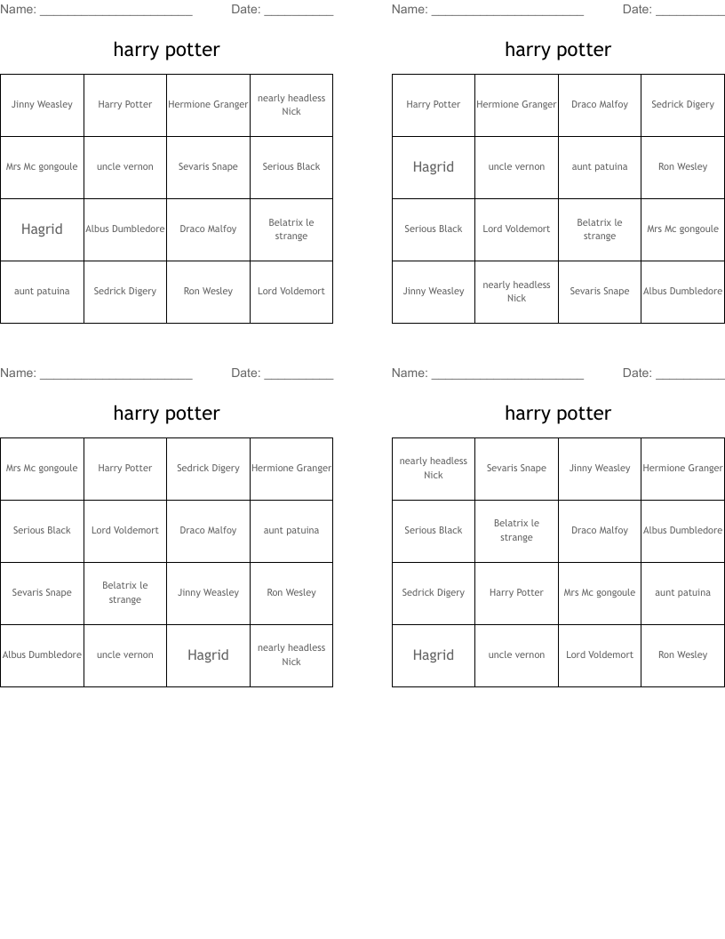       harry potter      Bingo Cards