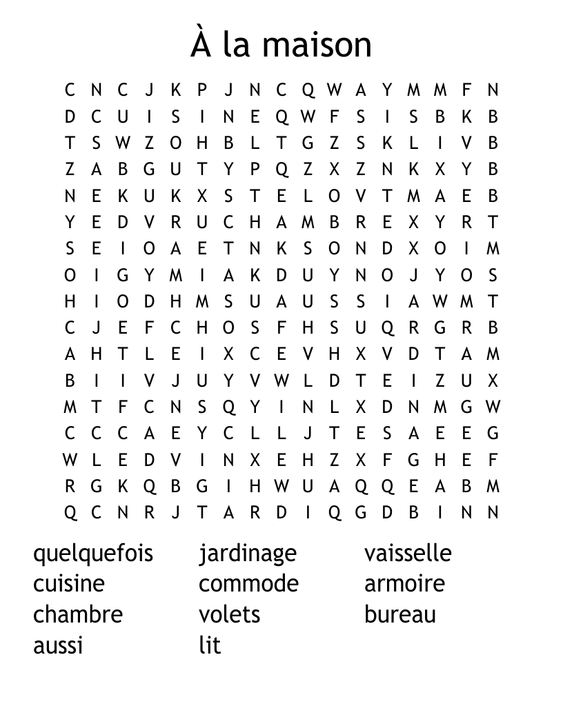  À la maison Word Search