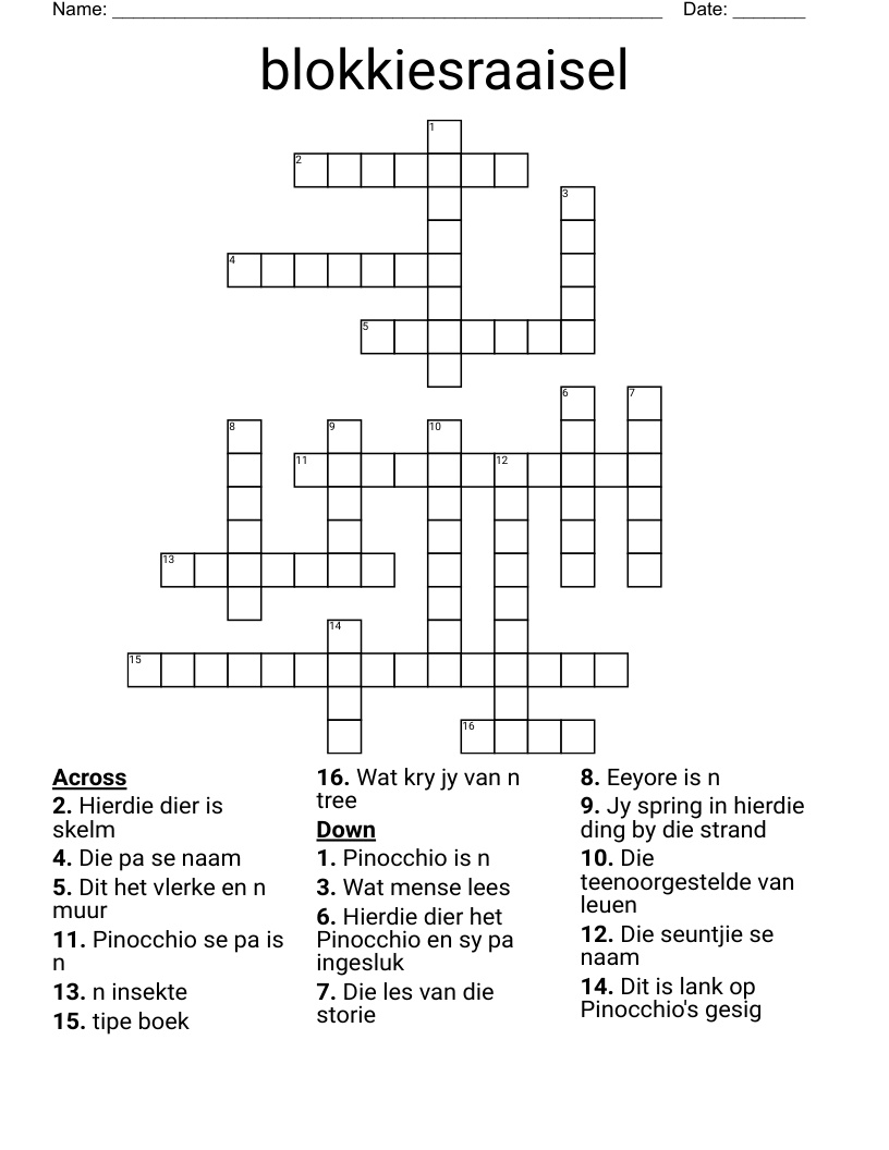 blokkiesraaisel Crossword