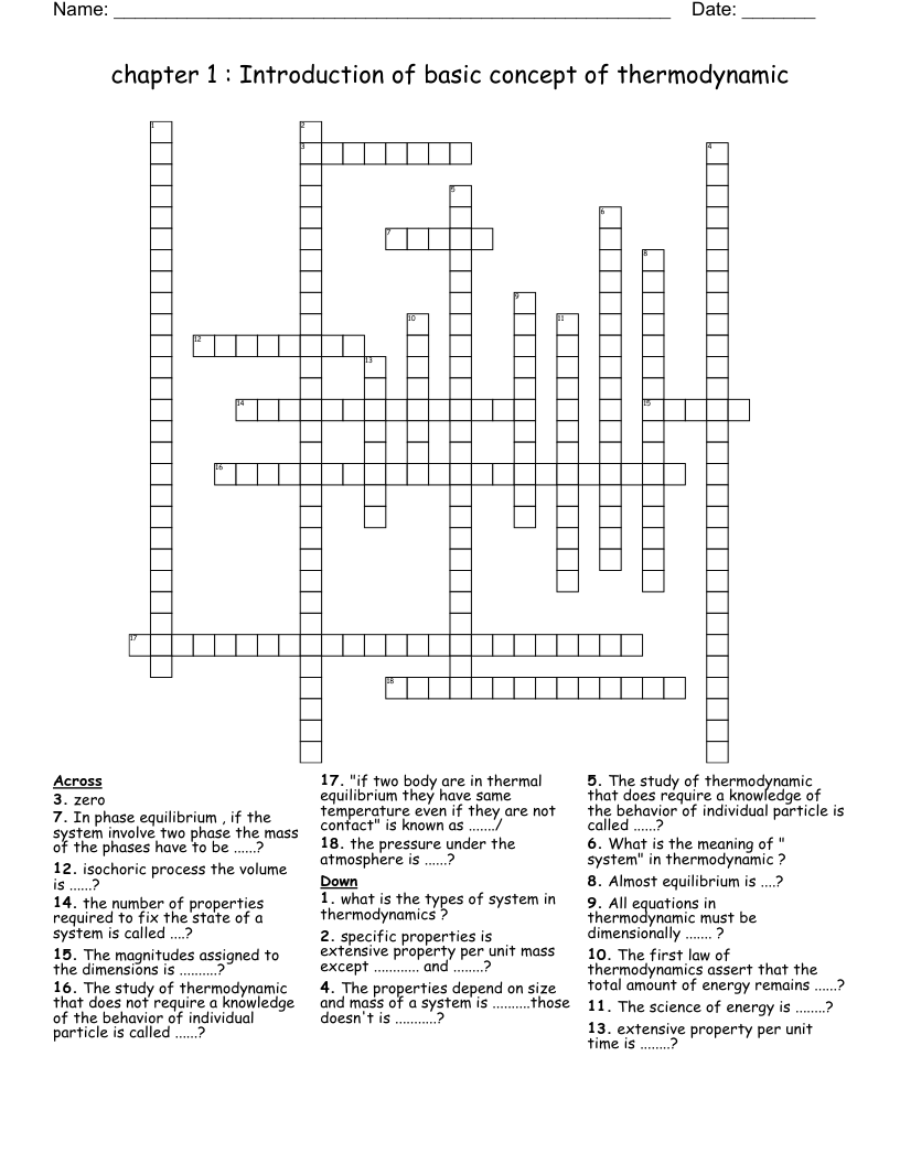  chapter 1 : Introduction of basic concept of thermodynamic     Crossword