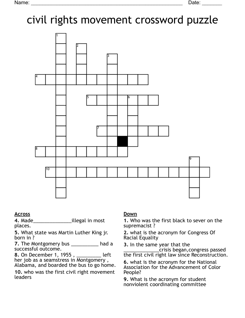  civil rights movement crossword puzzle