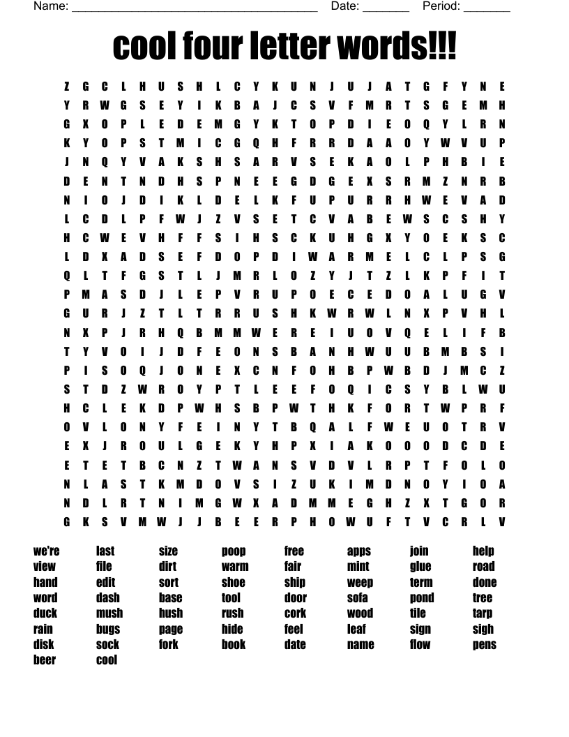  cool four letter words!!! Word Search
