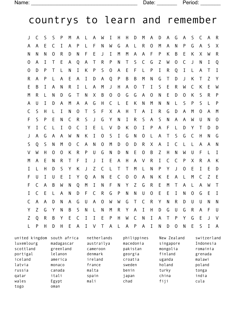  countrys to learn and remember Word Search