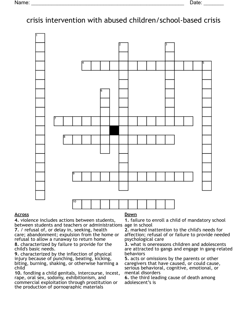  crisis intervention with abused children/school-based crisis Crossword