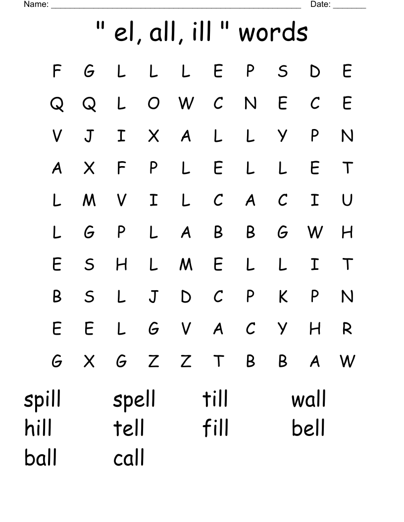 " el,  all, ill " words Word Search