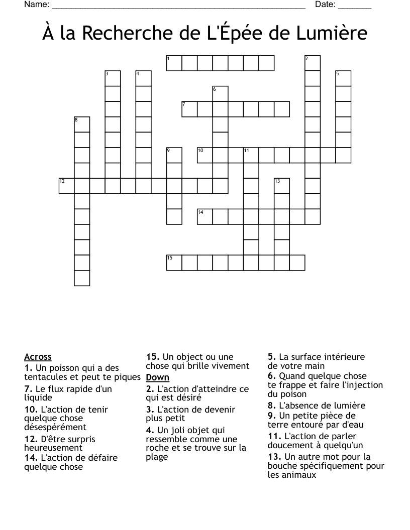 À la Recherche de L'Épée de Lumière Crossword