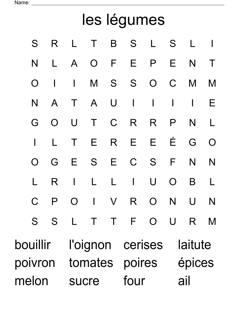  les légumes Word Search