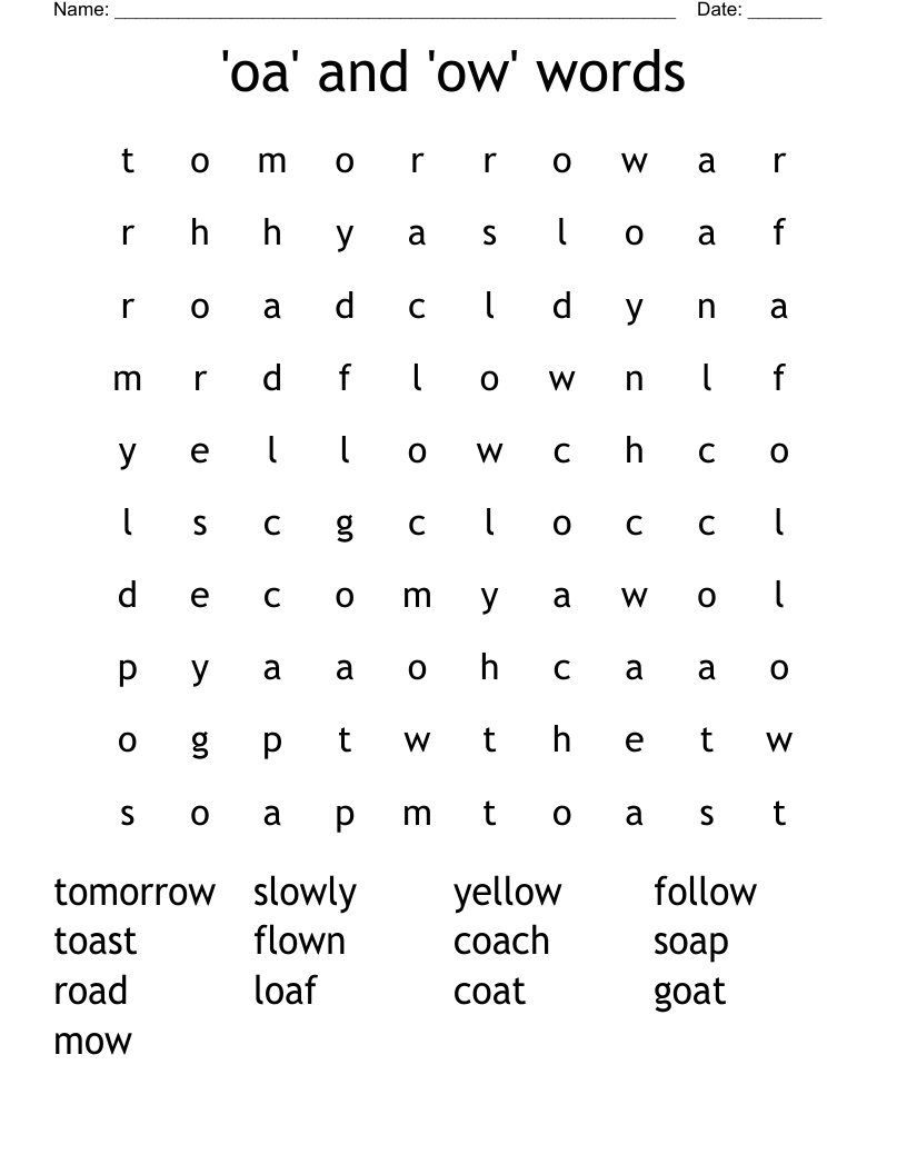  'oa' and 'ow' words Word Search