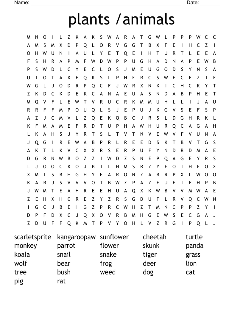  plants /animals Word Search