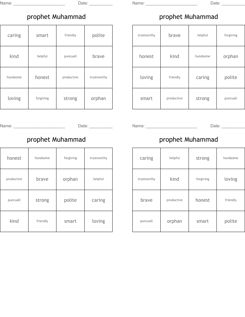  prophet Muhammad Bingo Cards