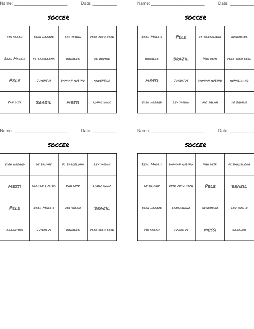  soccer Bingo Cards