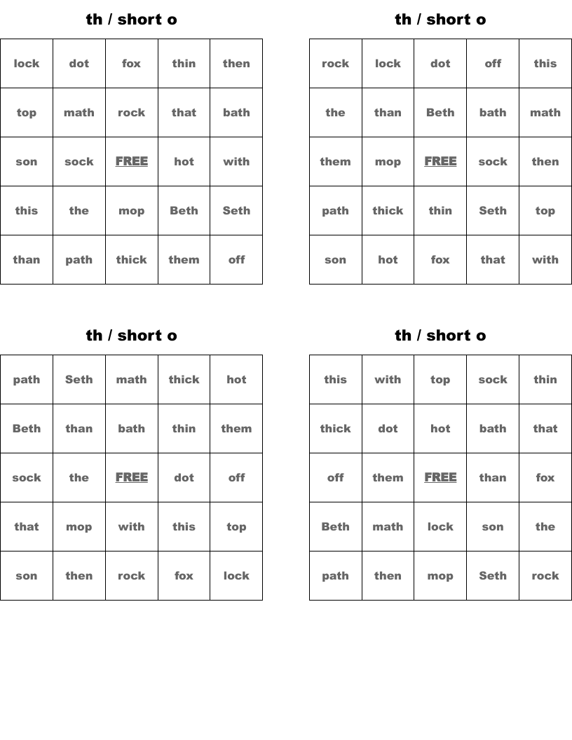  th / short o Bingo Cards