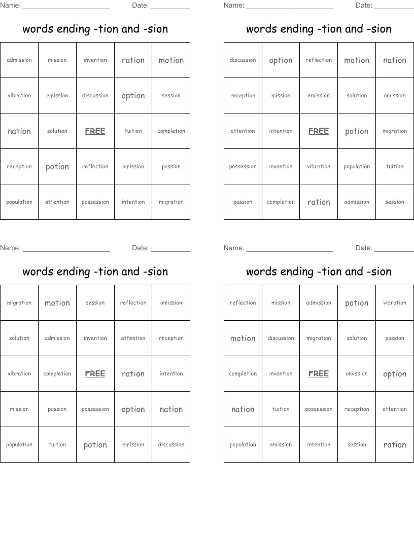  words ending -tion  and -sion Bingo Cards