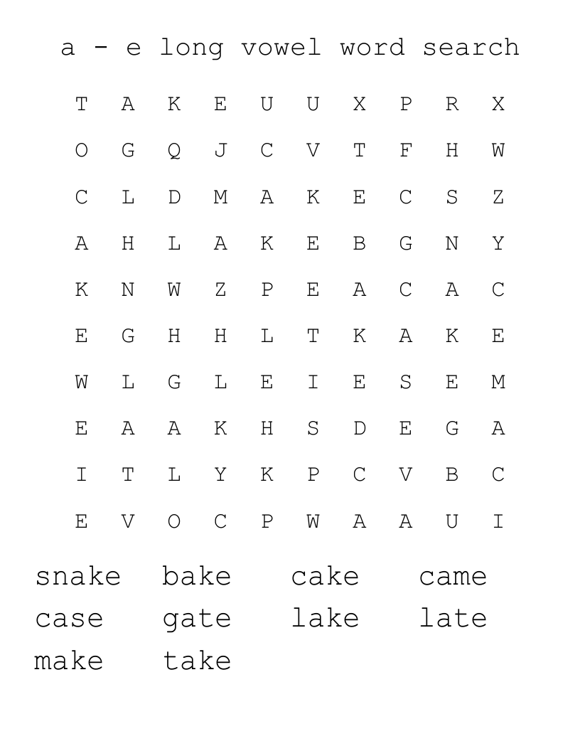 a - e long vowel word search