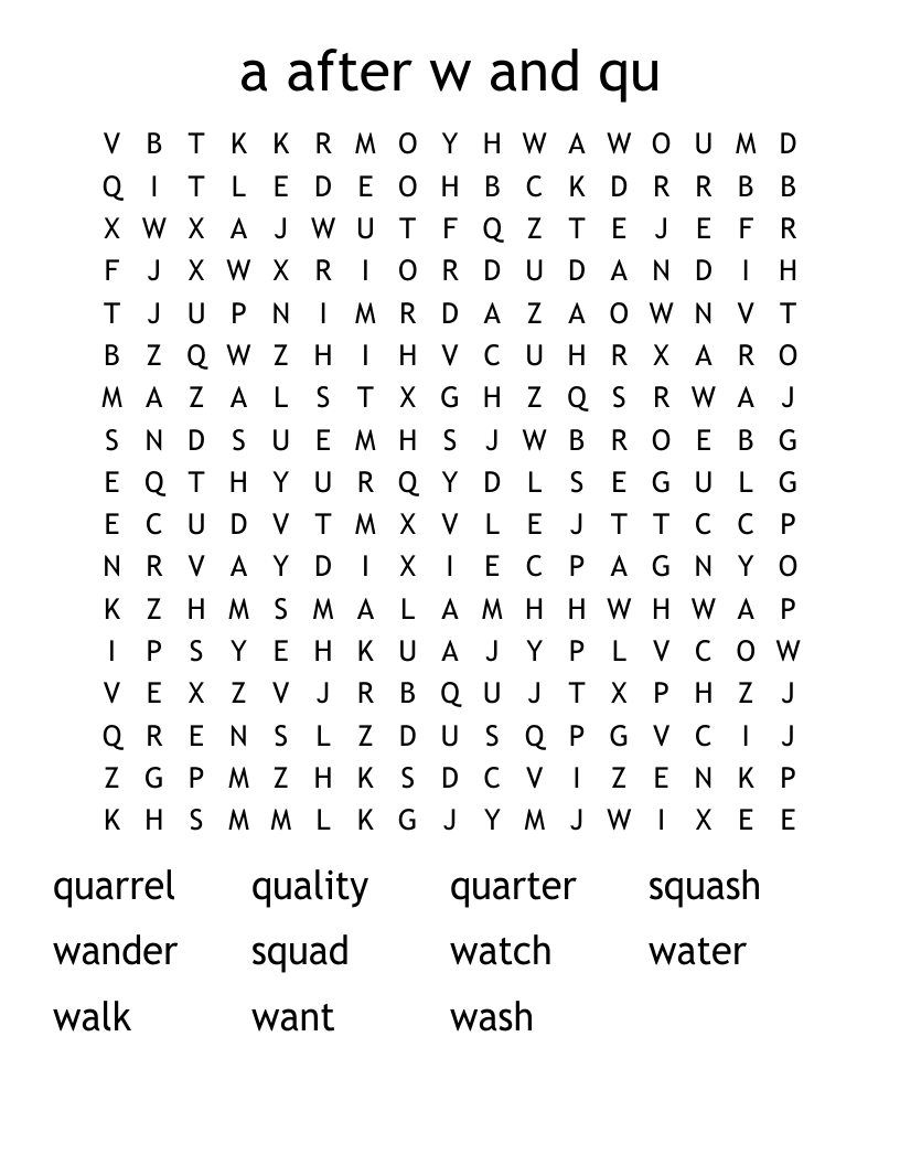 a after w and qu Word Search