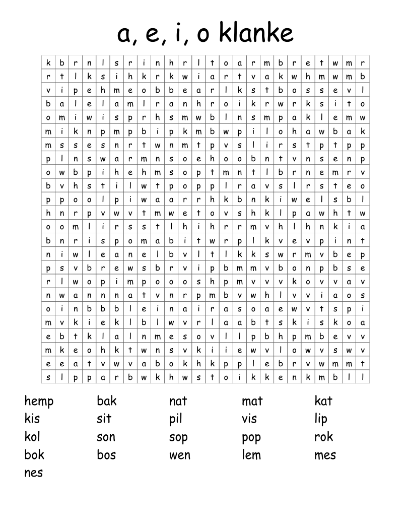 a, e, i, o klanke Word Search