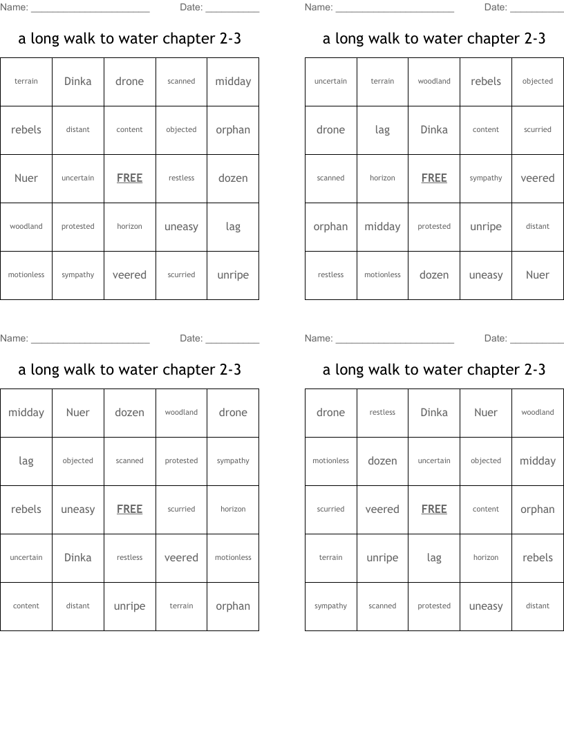 a long walk to water chapter 2-3 Bingo Cards