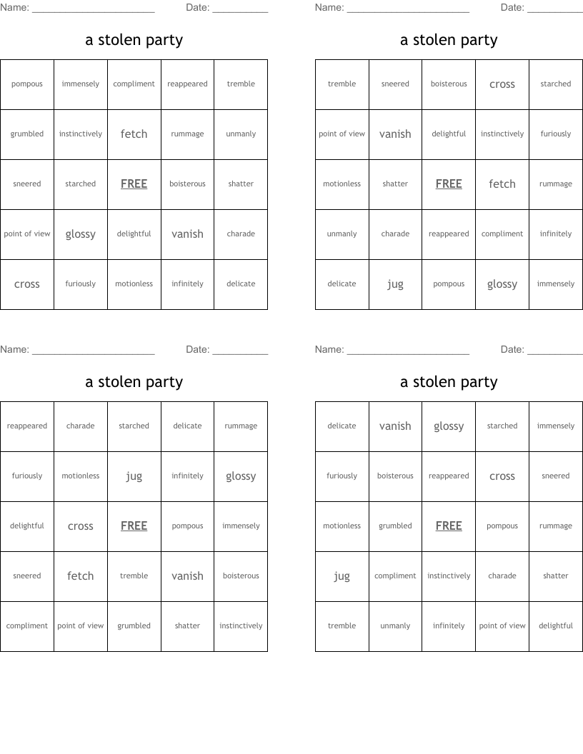 a stolen party Bingo Cards