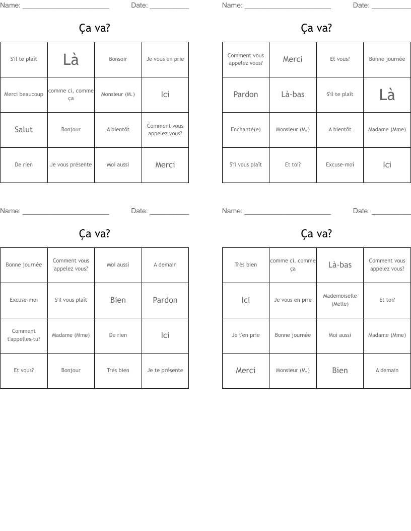 Ça va? Bingo Cards