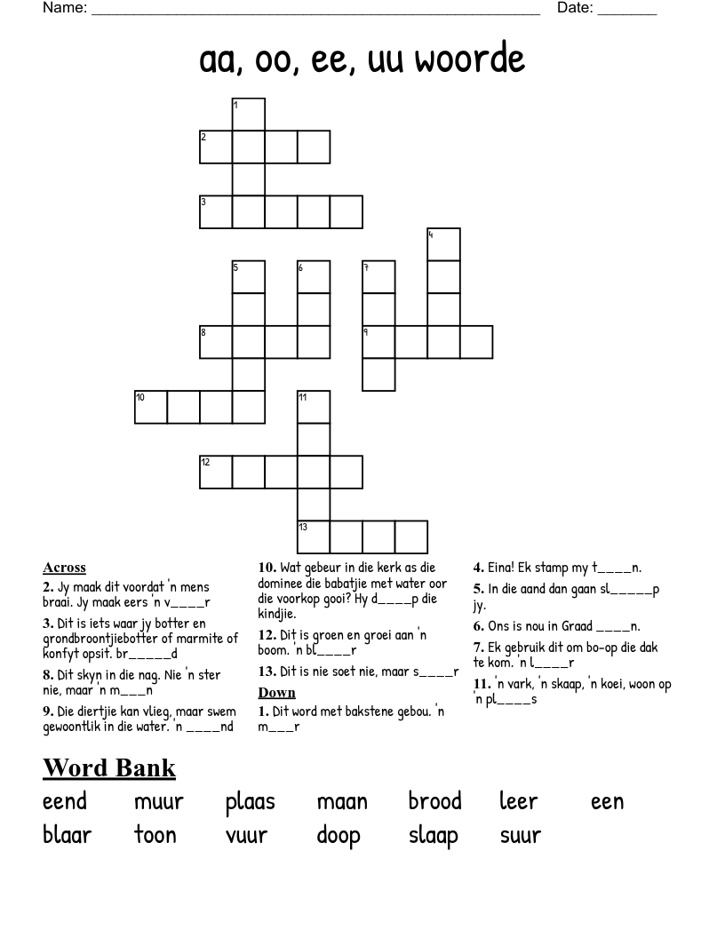 aa, oo, ee, uu woorde Crossword