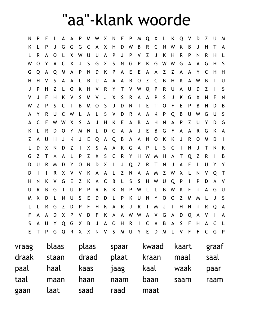 "aa"-klank woorde Word Search