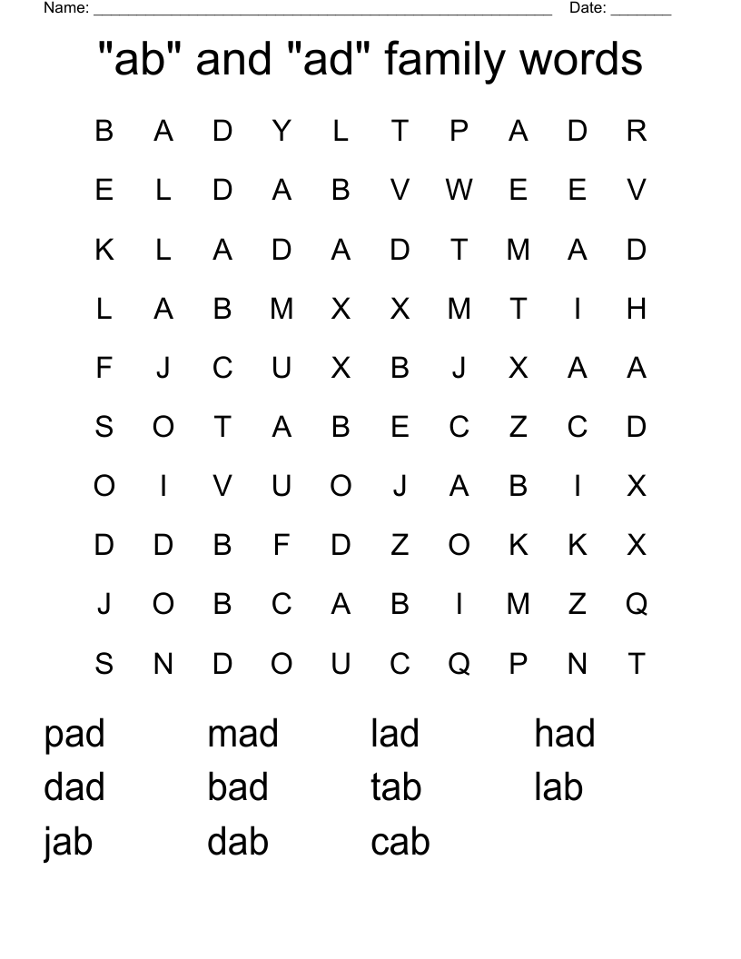 "ab" and "ad" family words Word Search