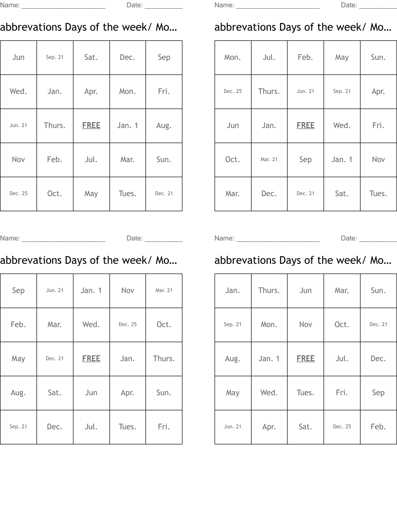 abbrevations Days of the week/ Months of the year Bingo Cards