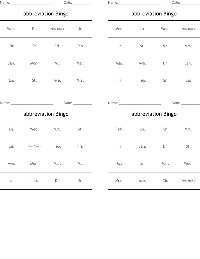 abbreviation Bingo