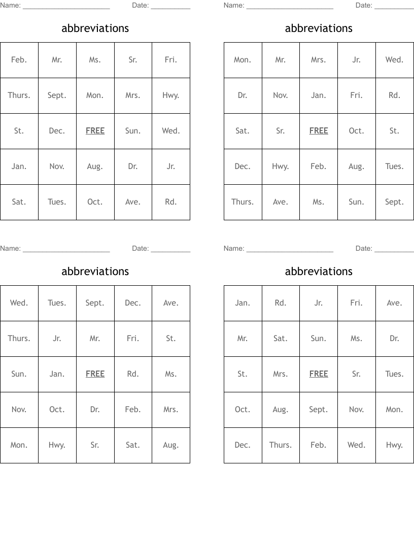 abbreviations Bingo Cards