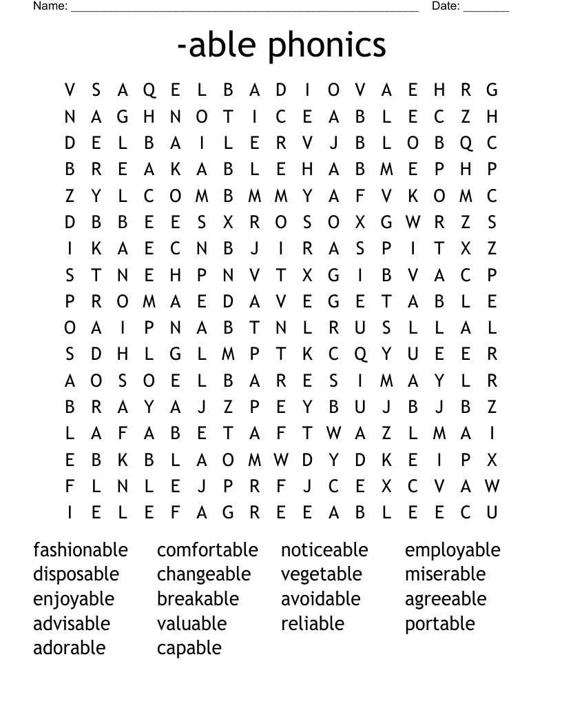 -able phonics Word Search