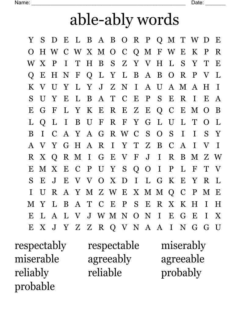 able-ably words  Word Search