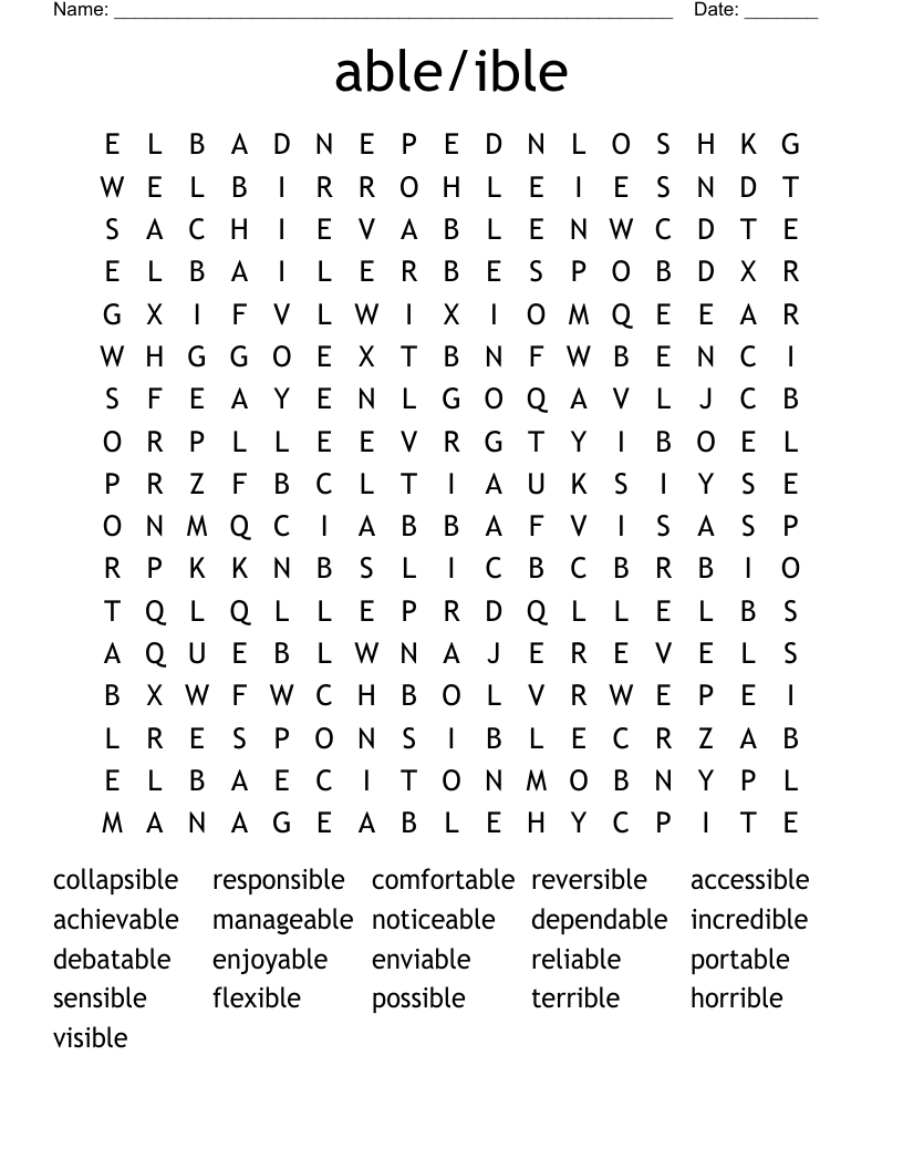 able/ible Word Search