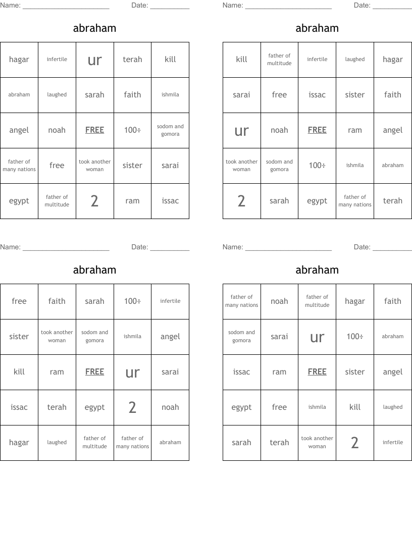 abraham  Bingo Cards
