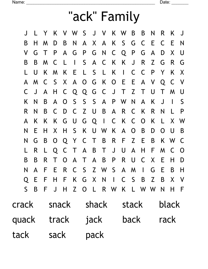 "ack" Family Word Search