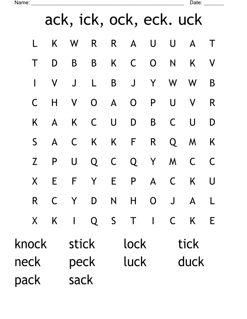 ack, ick, ock, eck. uck Word Search