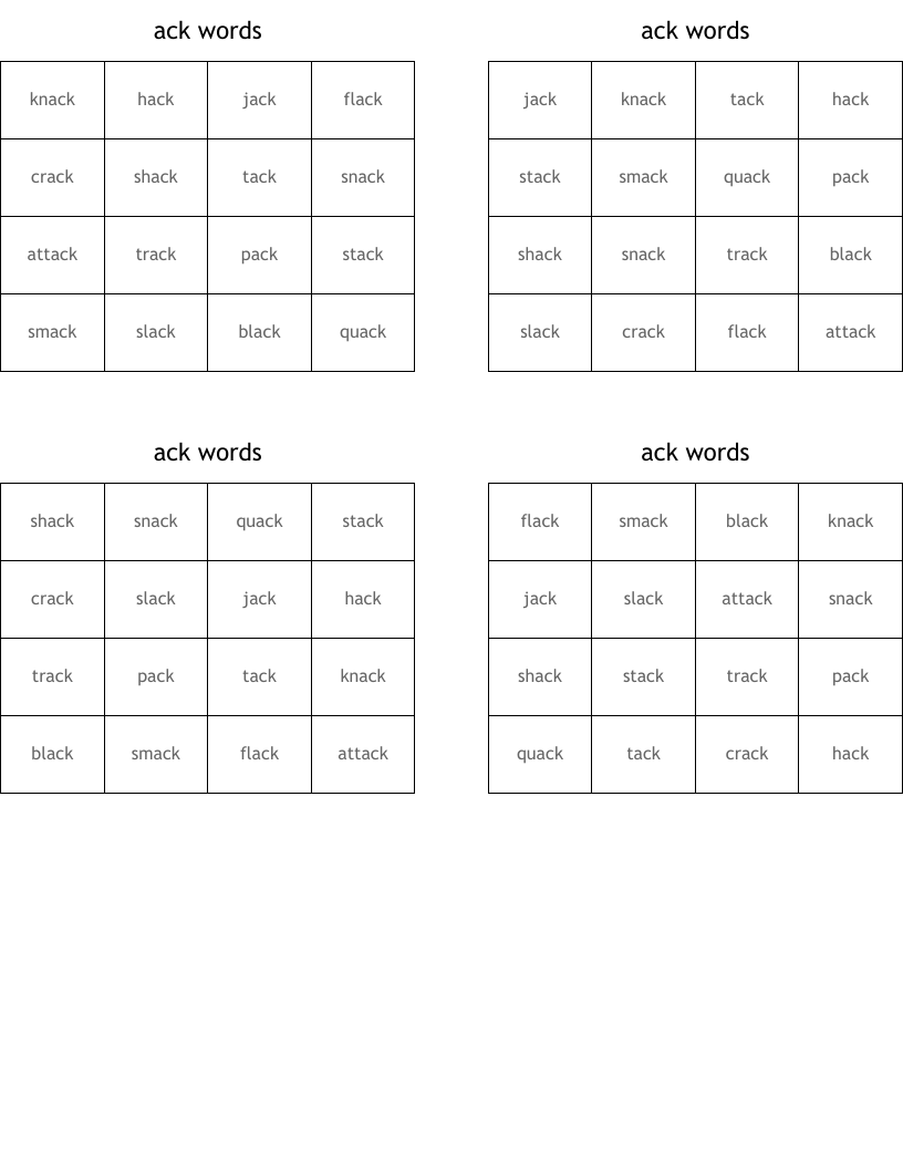 ack words Bingo Cards