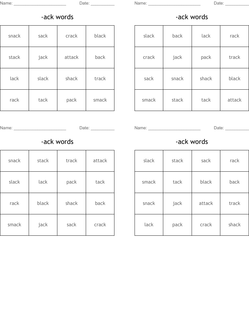 -ack words Bingo Cards