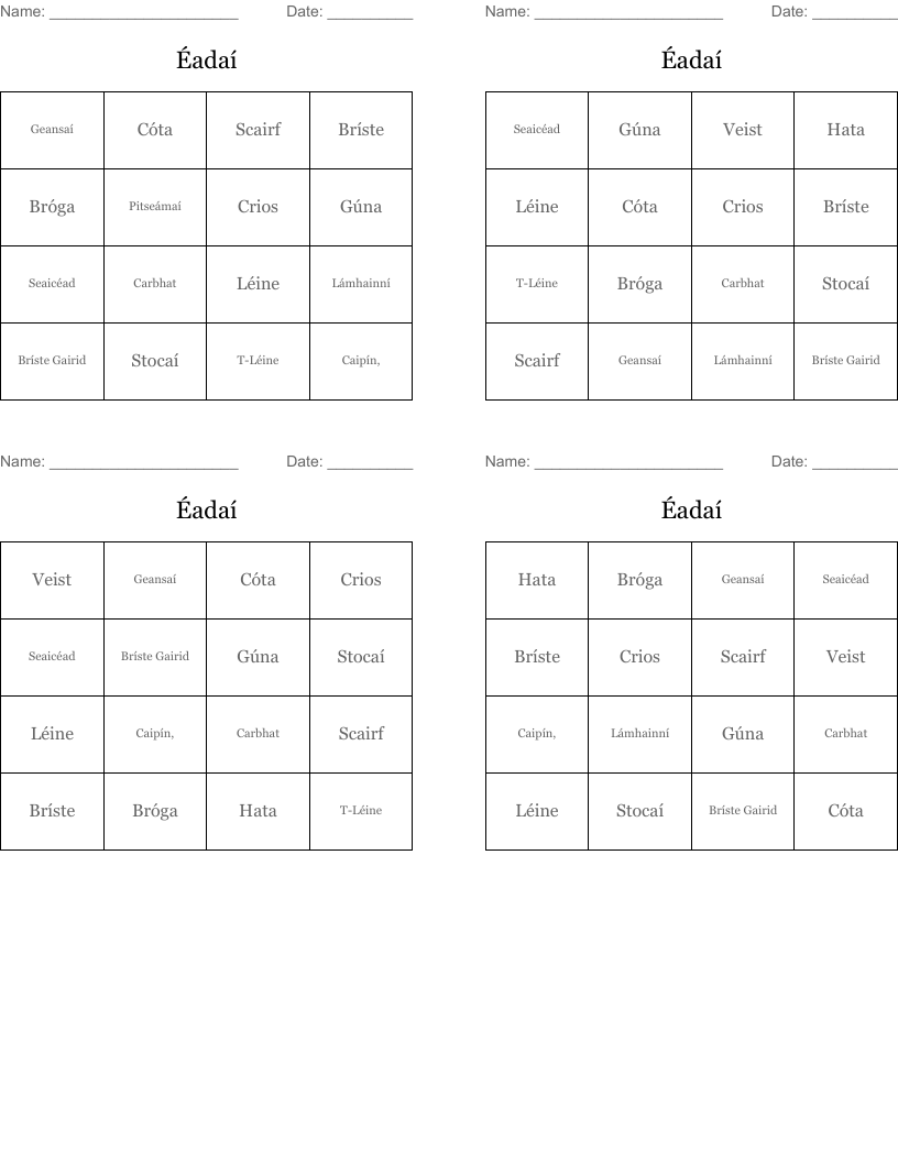 Éadaí Bingo Cards