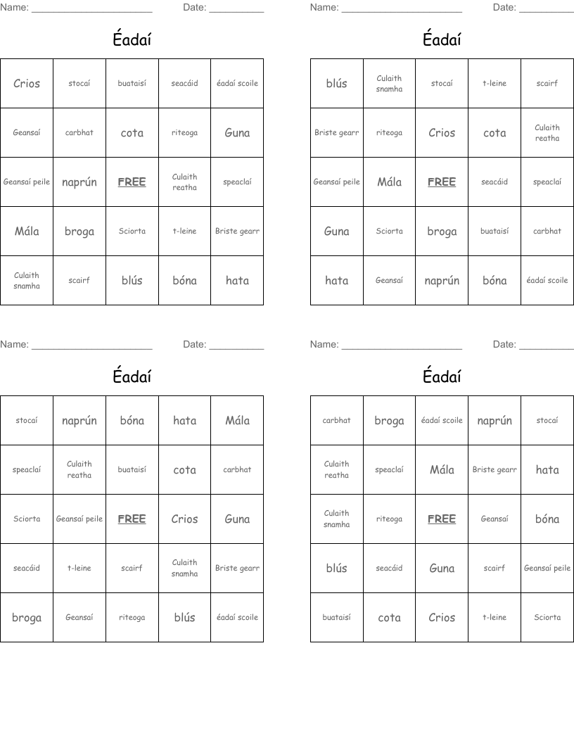 Éadaí Bingo Cards