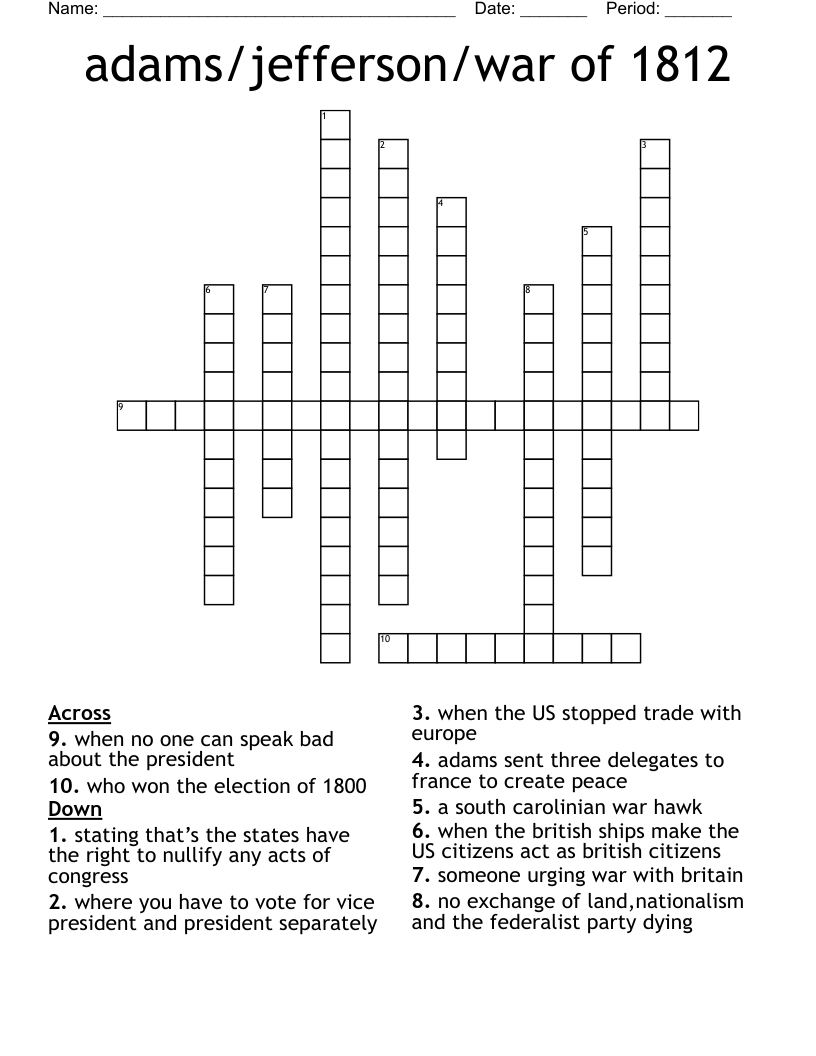 adams/jefferson/war of 1812 Crossword